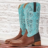 tanie Kowboj i zachodnie buty-męskie turkusowo-brązowe kowbojskie buty westernowe z haftowanym wzorem - stylowe i wygodne obuwie na rodeo i na co dzień