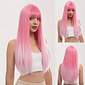 Χαμηλού Κόστους Περούκες για πάρτι-μακριές ίσιες περούκες με κτυπήματα για γυναίκες Περούκες αντικατάστασης μαλλιών από μαλακές συνθετικές ίνες για πάρτι καρναβαλιού χρήση μουσικού φεστιβάλ