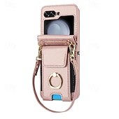 cheap Samsung Cases-Phone Case For Samsung Galaxy Z Flip 7 Z Flip 6 Z Flip 5 Z Flip 4 Z Flip 3 Back Cover Ring Holder with Lanyard with Wrist Strap Retro TPU PU Leather