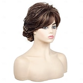 economico parrucca più vecchia-parrucche corte marroni per donne bianche, parrucca marrone con frangia, parrucche corte e ricce pixie cut, affascinanti parrucche sintetiche ondulate a strati per vecchie signore