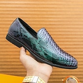 cheap Semi-Formal-Men&#039;s Snakeskin Print Loafers – Stylish Green and Black Glossy Slip-On Shoes with Modern Design, Perfect for Formal and Semi-Formal Occasions