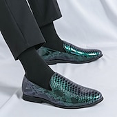 cheap Semi-Formal-Men&#039;s Snakeskin Print Loafers – Stylish Green and Black Glossy Slip-On Shoes with Modern Design, Perfect for Formal and Semi-Formal Occasions