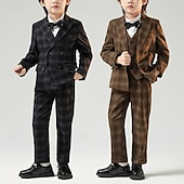 billiga Pojkes formella kostym-4 delar Ringbärarkostym Pojkar Barn Kostym Formell kostym Kostym och blazer Formellt set Formell Fest Mode Häftig Rutig Ficka Svart Kaffe Polyester