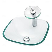 cheap Vessel Sinks-Bathroom Artistic Glass Vessel Sink with Waterfall Basin Faucet and Pop-up Drain Bathroom Sinks Above Counter Vanity Countertop Sink Bowl