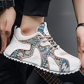cheap Men&#039;s Sneakers-Men&#039;s White Athletic Sneakers with Tribal Print and Mesh Upper – Lightweight Running Shoes for Sports and Casual Wear
