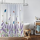 お買い得  シャワーカーテン-フック付きシャワーカーテン 180cm*180cm(70&quot;*70&quot;) ポリエステル 洗える防水バタフライラベンダーパターン バスルームデコ