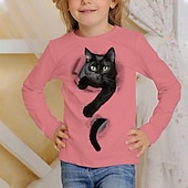 billiga Flickans 3D-djur-Flickor 3D Grafisk Djur Katt T-shirt Långärmad Vår Höst Mode Grundläggande Barn 4-12 år Rund hals Utomhus Ledigt Dagligen Normal