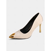 abordables Talons Aiguilles-Escarpins à talons aiguilles en velours beige pour femmes avec bout pointu doré – escarpins de luxe pour fêtes et occasions spéciales