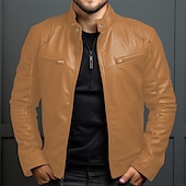 abordables Veste cuir homme-Homme Veste en Similicuir Veste de transition Veste moto Veste en cuir rouge Vacances Quotidien Coupe-vent Chaud Avec Poches Automne &amp; Hiver Uni Mode Classique Col montant Régulier Similicuir Noir