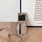 cheap Samsung Cases-Phone Case For Z Flip 5 Z Flip 4 Z Flip 3 Back Cover with Stand Holder Zipper with Lanyard Retro TPU PU Leather