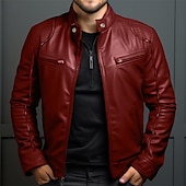 abordables Veste cuir homme-Homme Veste en Similicuir Veste de transition Veste moto Veste en cuir rouge Vacances Quotidien Coupe-vent Chaud Avec Poches Automne &amp; Hiver Uni Mode Classique Col montant Régulier Similicuir Noir