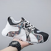 cheap Men&#039;s Sneakers-Men&#039;s White Athletic Sneakers with Tribal Print and Mesh Upper – Lightweight Running Shoes for Sports and Casual Wear
