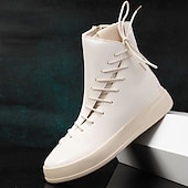 cheap Ankle Boots-Men&#039;s Red Faux Leather High-Top Boots with Side Zipper and Lace-Up Design – Stylish Casual Footwear for Fall and Winter