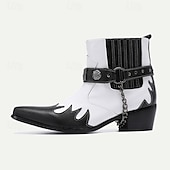 cheap Premium Leather Boots-Men&#039;s Premium Cowhide Black and White Motorcycle Boots with Studded Strap, Chain Detail, and Western Style – Perfect for Riding and Casual Wear