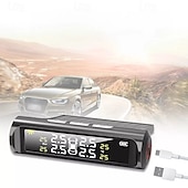 abordables Equipamiento y herramientas para el coche-Monitor de presión de neumáticos inalámbrico para automóvil, sistema de monitoreo de presión de neumáticos TPMS para automóvil, pantalla LCD digital con energía solar, alarma de seguridad para