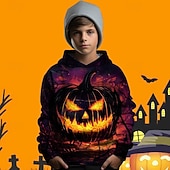 billiga Pojkes Halloween kostymer-Halloween Pojkar 3D Grafisk Pumpa Huvtröja Långärmad Vår Höst Mode Streetwear Polyester Barn 4-12 år Huva Utomhus Ledigt Dagligen Normal