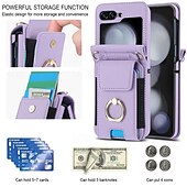 cheap Samsung Cases-Phone Case For Samsung Galaxy Z Flip 7 Z Flip 6 Z Flip 5 Z Flip 4 Z Flip 3 Back Cover Ring Holder with Lanyard with Wrist Strap Retro TPU PU Leather