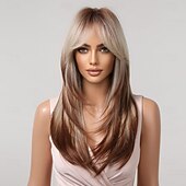 tanie Peruki syntetyczne modne-Synthetic Wig Straight kinky Straight Layered Haircut Neat Bang With Bangs Machine Made Wig 22 inch Brown / White Synthetic Hair Women's Cute Cosplay Party Mixed Color