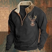 abordables Sweat-shirts basiques-Sweat-shirt de chasse au cerf pour hommes, pull à manches longues et demi-zip, hauts d&#039;hiver vintage avec col montant, demi-zip, imprimé renne, coupe ample, streetwear quotidien, polaire fine, vêtements d&#039;automne et d&#039;hiver