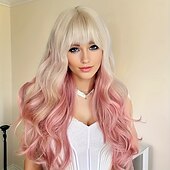 economico Parrucche trendy sintetiche-parrucca bionda/rosa lunga ed ondulata chic con frangia per donna - perfetta per il cosplay &amp;parti in fibra sintetica