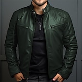 abordables Veste cuir homme-Homme Veste en Similicuir Veste de transition Veste moto Veste en cuir rouge Vacances Quotidien Coupe-vent Chaud Avec Poches Automne &amp; Hiver Uni Mode Classique Col montant Régulier Similicuir Noir