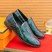 cheap Semi-Formal-Men&#039;s Snakeskin Print Loafers – Stylish Green and Black Glossy Slip-On Shoes with Modern Design, Perfect for Formal and Semi-Formal Occasions