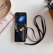 cheap Samsung Cases-Phone Case For Z Flip 5 Z Flip 4 Z Flip 3 Back Cover with Stand Holder Zipper with Lanyard Retro TPU PU Leather
