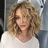 abordables perruque plus âgée-perruques courtes ondulées blondes ombrées en couches pour femmes blanches perruque blonde mi-longue bouclée perruque synthétique d&#039;aspect naturel pour fête quotidienne