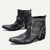 cheap Premium Leather Boots-Men&#039;s Black Premium Cowhide Leather Motorcycle Boots with Western Style, Metal Studded Strap, and Chain Accent – Perfect for Biker and Cowboy-Inspired Fashion