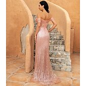 abordables BLANC-Robe de bal sirène en sequins pour invitée de mariage robe de fête longueur de sol manches courtes épaule dénudée réception de mariage d&#039;automne avec robe masquée froncée 2025