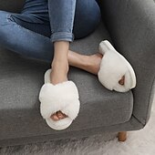 cheap Home Slippers-Women&#039;s Fuzzy Cross Band Slippers Memory Foam Home House Shoes with Open Toe Comfortable