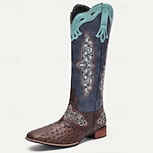 levne Cowboy &amp; Western Boots-pánské vintage westernové kovbojské boty se složitou výšivkou a pštrosím potiskem - stylový design do poloviny lýtek pro rodeo, festivaly a běžné nošení