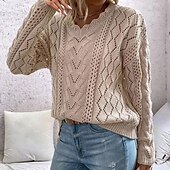 billige Grafiske mønstre og detaljer-Dame Genser Pullover genser Fritid Geometrisk Heklet V-hals V-hals Langermet Vanlige topper Strikke utendørs Daglig Helg Hvit Kakifarget Høst Vinter