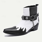 cheap Premium Leather Boots-Men&#039;s Premium Cowhide Black and White Motorcycle Boots with Studded Strap, Chain Detail, and Western Style – Perfect for Riding and Casual Wear