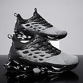 cheap Men's Running Shoes-Men's Blue Athletic Sneakers with Unique Hollow Sole Design, Breathable Knit Upper, and Flame Detail – Lightweight Running Shoes with Orange Accents