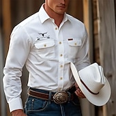 cheap Men&#039;s Western Shirts-Men&#039;s Cow Work Shirt Western Shirt Cargo Shirt Long Sleeve Casual Tactical Sports &amp; Outdoor Going out Winter Spring &amp;  Fall Turndown Print Black White Khaki