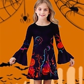 halpa Tyttöjen Halloween-asut-Halloween Tyttöjen 3D Kuvitettu Kurpitsa Mekko Ruffle mekko Pitkähihainen Kesä Kevät Päivittäin Pyhäpäivä Loma Kaunis Halloween Custom Lapset 4-12 vuotta Rento mekko Polvipituinen Polyesteri Normaali