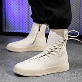cheap Ankle Boots-Men&#039;s Red Faux Leather High-Top Boots with Side Zipper and Lace-Up Design – Stylish Casual Footwear for Fall and Winter