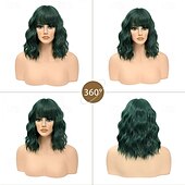 economico Parrucche trendy sintetiche-parrucca con frangia parrucche corte ondulate per donne lunghezza spalle parrucche caschetto riccio parrucche sintetiche resistenti al calore per halloween cosplay uso quotidiano per feste