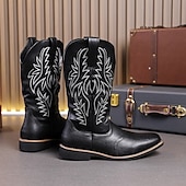 levne Cowboy &amp; Western Boots-pánské černé westernové kovbojské boty – vyšívaný shaft s klasickou špičatou špičkou, vintage styl pro rodeo nebo běžné nošení