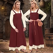 ieftine Rochie-Șorț viking medieval pentru femei, cu rochie tunică cu dantelă la spate, 2 buc ținute pentru larp ren faire târg renascentist, carnaval, rochie de halloween