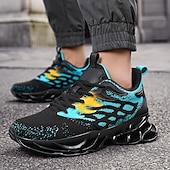 cheap Men's Running Shoes-Men's Blue Athletic Sneakers with Unique Hollow Sole Design, Breathable Knit Upper, and Flame Detail – Lightweight Running Shoes with Orange Accents