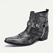 cheap Premium Leather Boots-Men&#039;s Black Premium Cowhide Leather Motorcycle Boots with Western Style, Metal Studded Strap, and Chain Accent – Perfect for Biker and Cowboy-Inspired Fashion