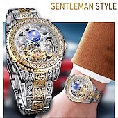 abordables Relojes mecánicos-FORSINING Hombre Relojes Mecánico Retro Antiguo Lujo Esfera Grande Moda Calavera Cuerda Automática Pantalla de fase lunar Luminoso Correa de acero inoxidable Reloj