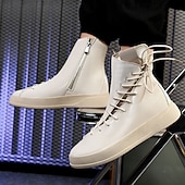 cheap Ankle Boots-Men&#039;s Red Faux Leather High-Top Boots with Side Zipper and Lace-Up Design – Stylish Casual Footwear for Fall and Winter