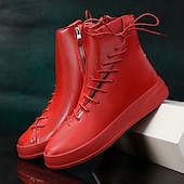 cheap Ankle Boots-Men&#039;s Red Faux Leather High-Top Boots with Side Zipper and Lace-Up Design – Stylish Casual Footwear for Fall and Winter