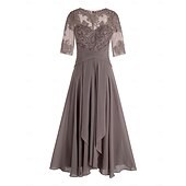 voordelige Vloerlengte-A-Line Moeder van de Bruid Jurk Bruiloft Gast Elegante Plus Size Hoge Lage V Hals Asymmetrische Enkel Lengte Chiffon Kant Halve Mouw Met Beading Applicaties 2025 gratis maatwerk