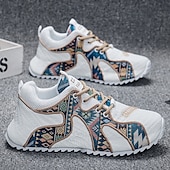 cheap Men&#039;s Sneakers-Men&#039;s White Athletic Sneakers with Tribal Print and Mesh Upper – Lightweight Running Shoes for Sports and Casual Wear