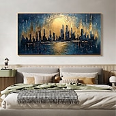 お買い得  風景画-キャンバスに描かれた手作りのオリジナル都市建築油絵。抽象的なテクスチャの都市建築の壁アート。室内装飾用。枠付き/内枠なし。