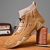 abordables Bottines-bottines décontractées en similicuir marron clair pour hommes avec détails cousus à la main, tige en tricot et lacets à bascule réglables - conception confortable et robuste pour l&#039;extérieur et le quotidien